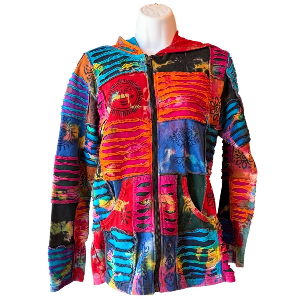 Rising International Patchwork Hoodie Womens Size Small Hippie Boho Tie Dye